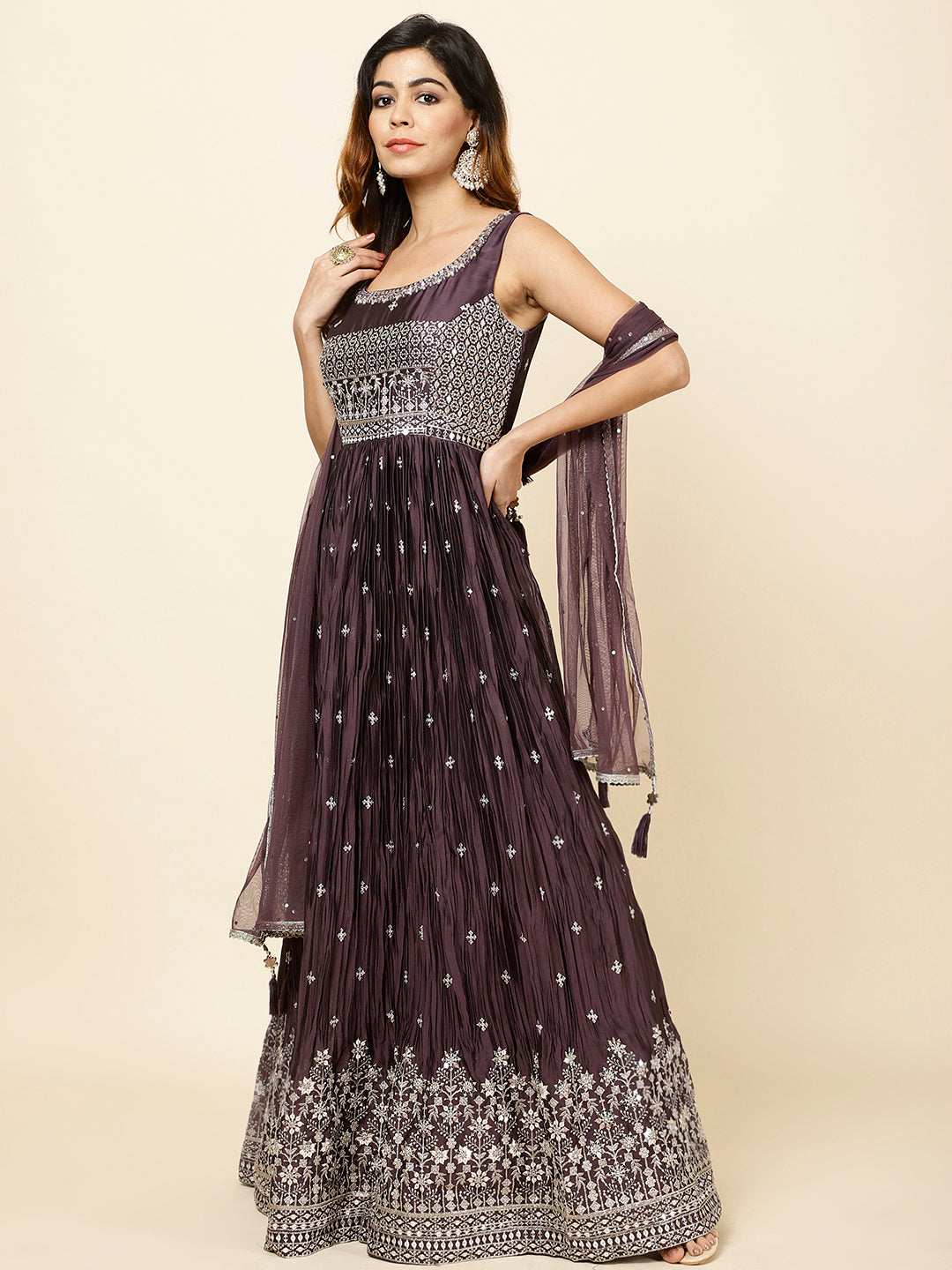 Zari Booti Embroidered Crepe Anarkali Kurta With Dupatta