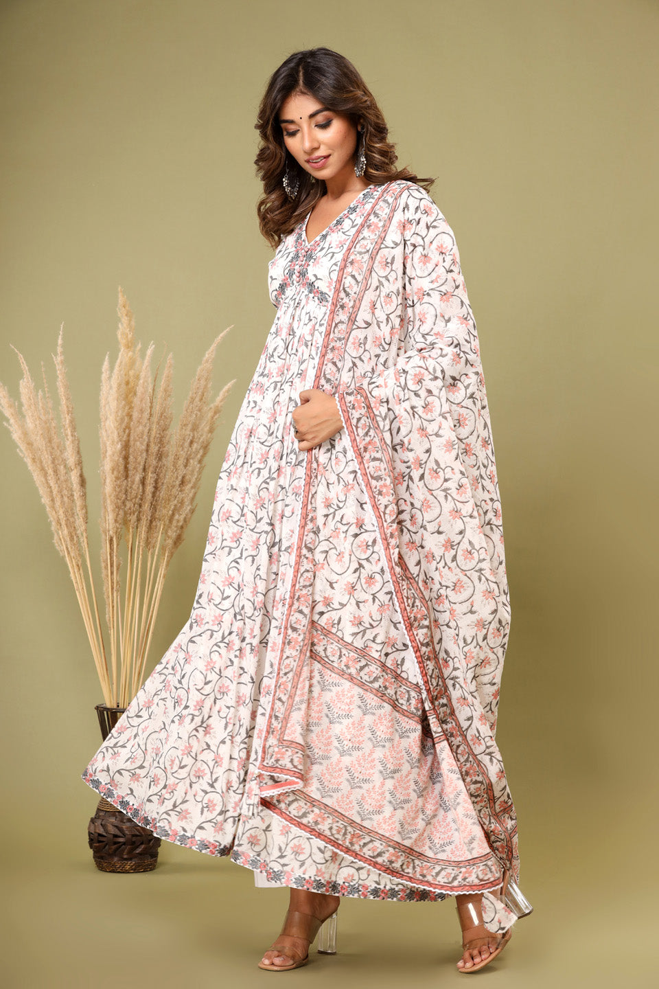 Printed Cotton Kurta With Pants &amp; Dupatta