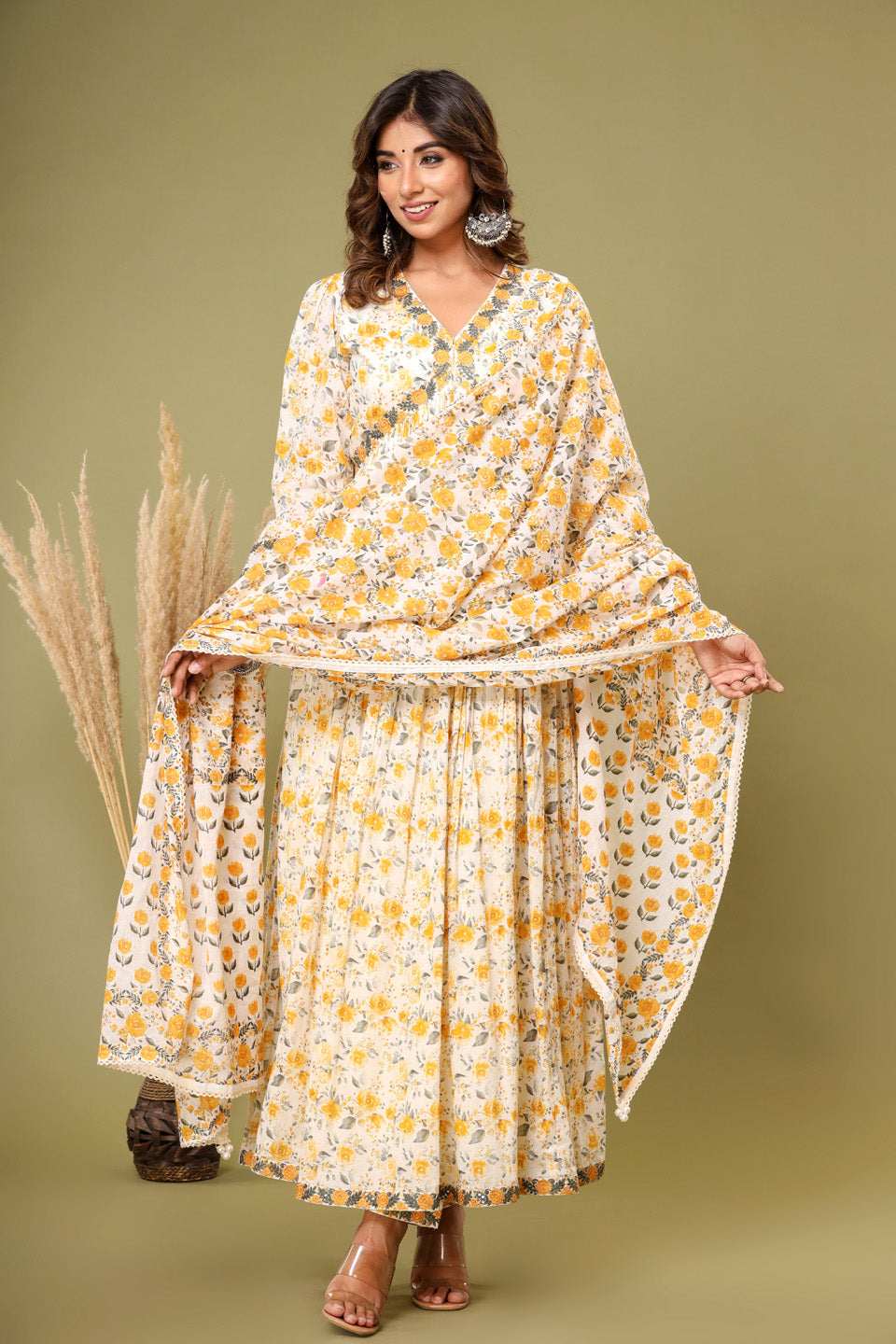 Floral Printed Cotton Kurta With Pants &amp; Dupatta