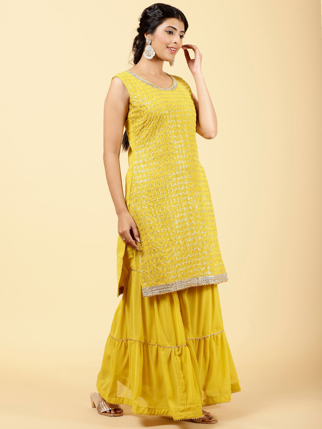 Sequin Embroidered Georgette Kurta With Garara &amp; Dupatta