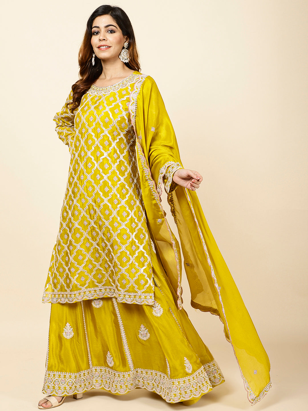 Embroidered Crepe Kurta With Lehenga &amp; Dupatta