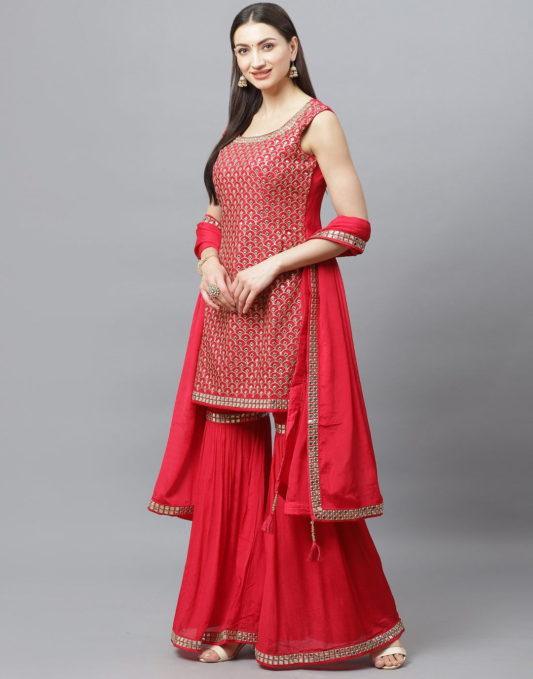 Elegant Red Art Crepe Stitched Gharara Set