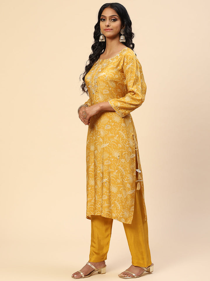 Neck Embroidered Printed Cotton Kurta With Pants