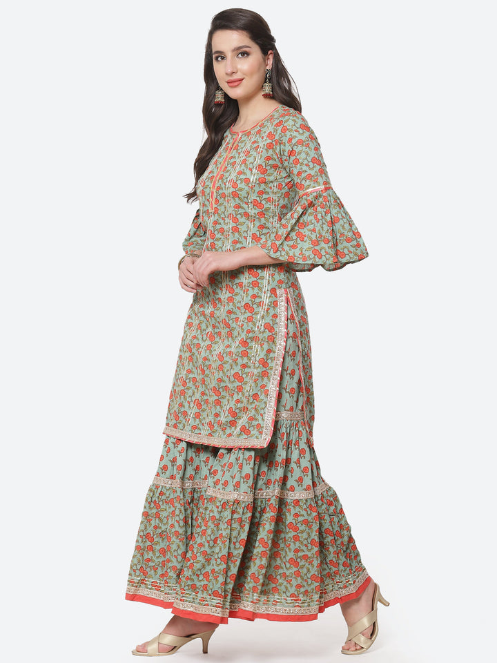 Floral Printed Gota Work Cotton Kurti With Sharara