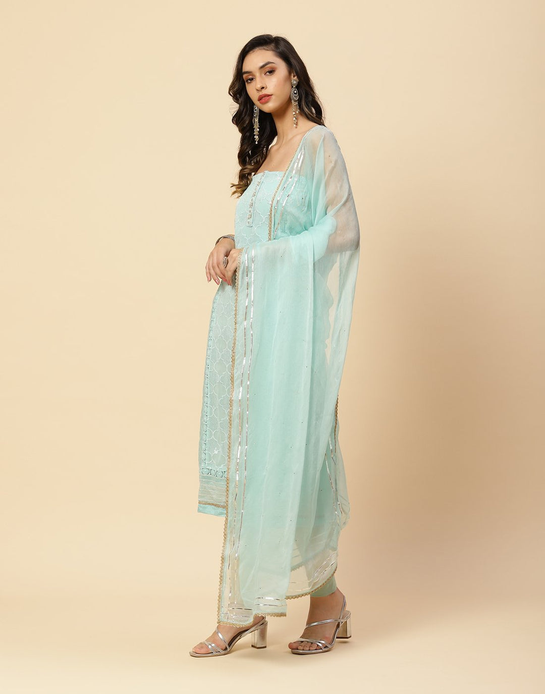 Embroidered Chanderi Suit Piece With Chiffon Dupatta