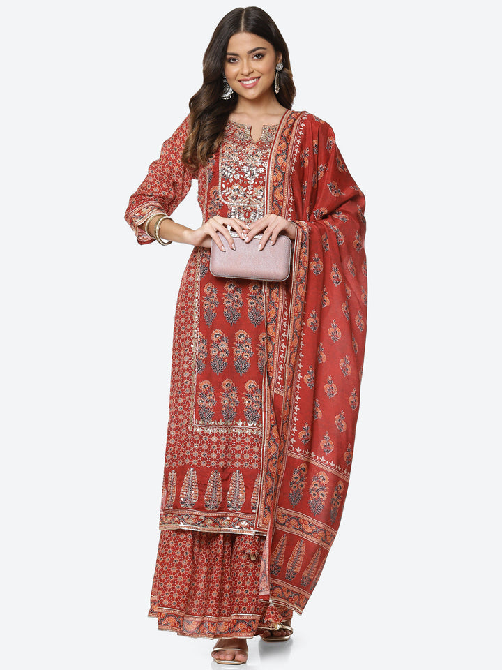 Gota Neck Printed Cotton Kurta With Garara &amp; Dupatta