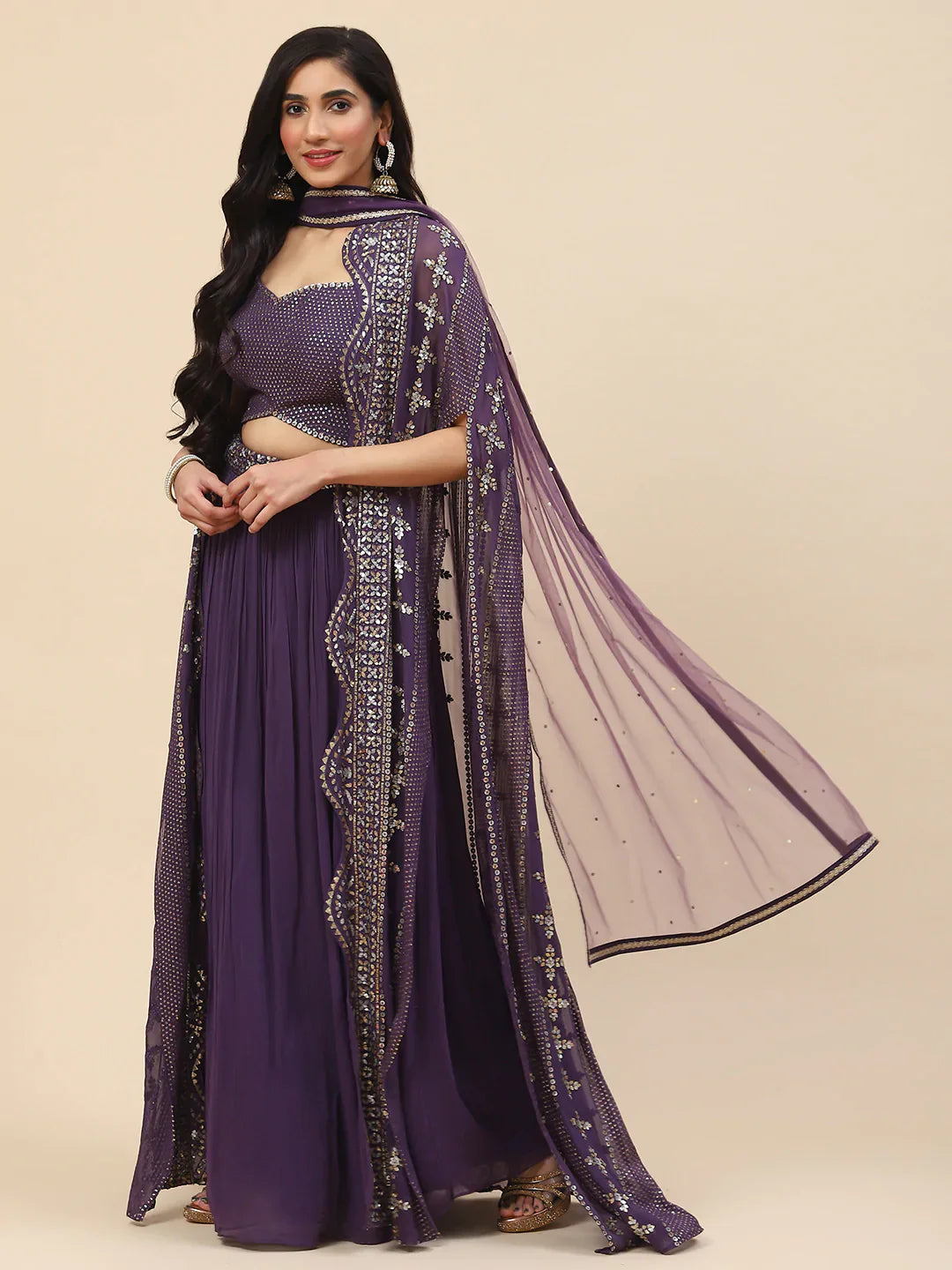 Sequin Embroidered Georgette Lehenga Choli With Dupatta &amp; Jacket