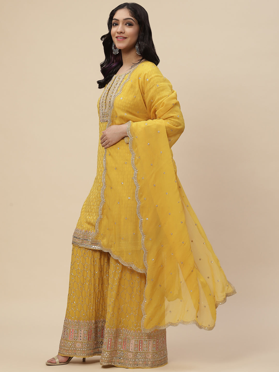 Sequin Embroidered Georgette Kurta With Sharara &amp; Dupatta