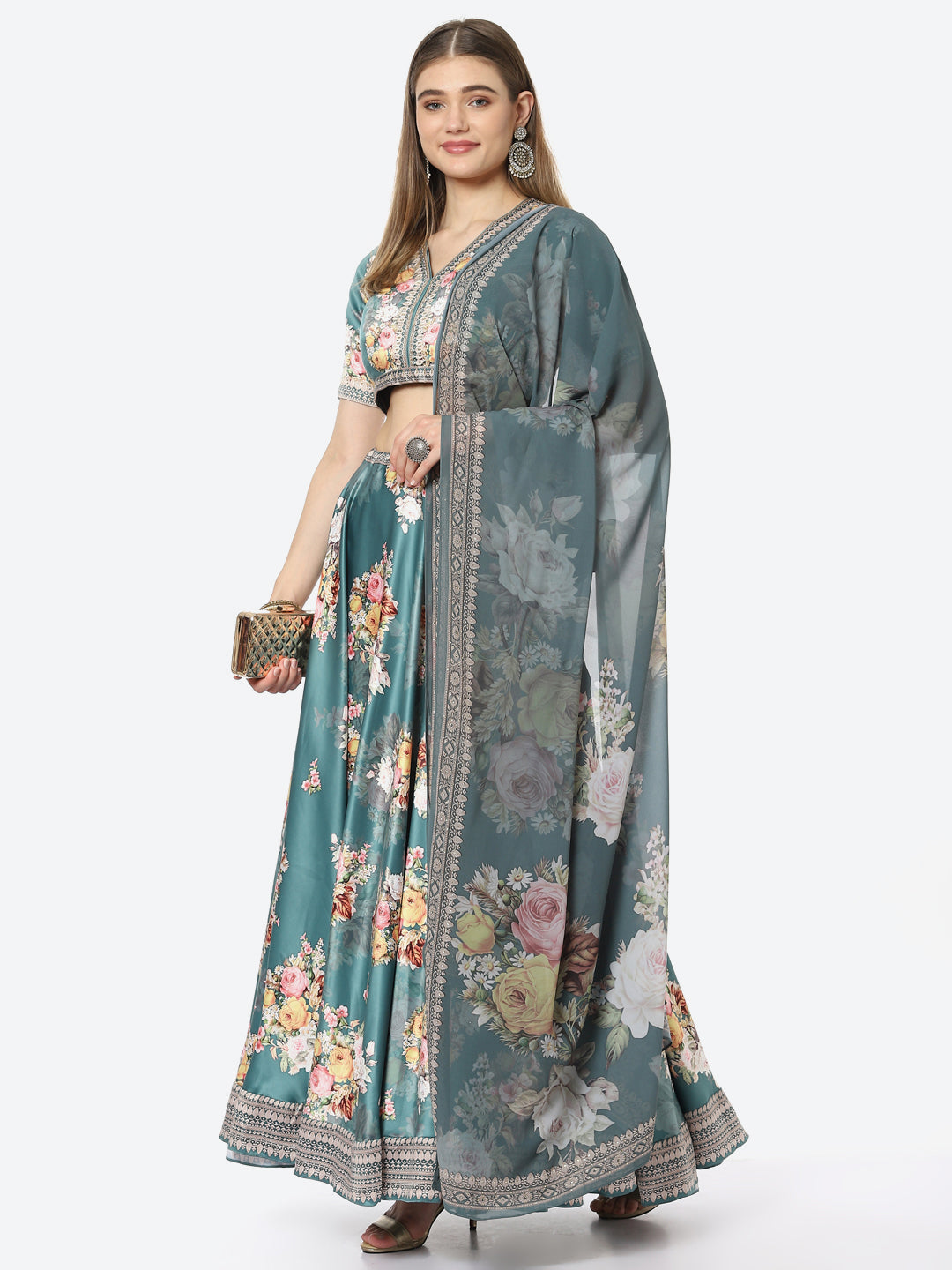 Floral Digital Printed Satin Choli With Lehenga &amp; Crepe Dupatta