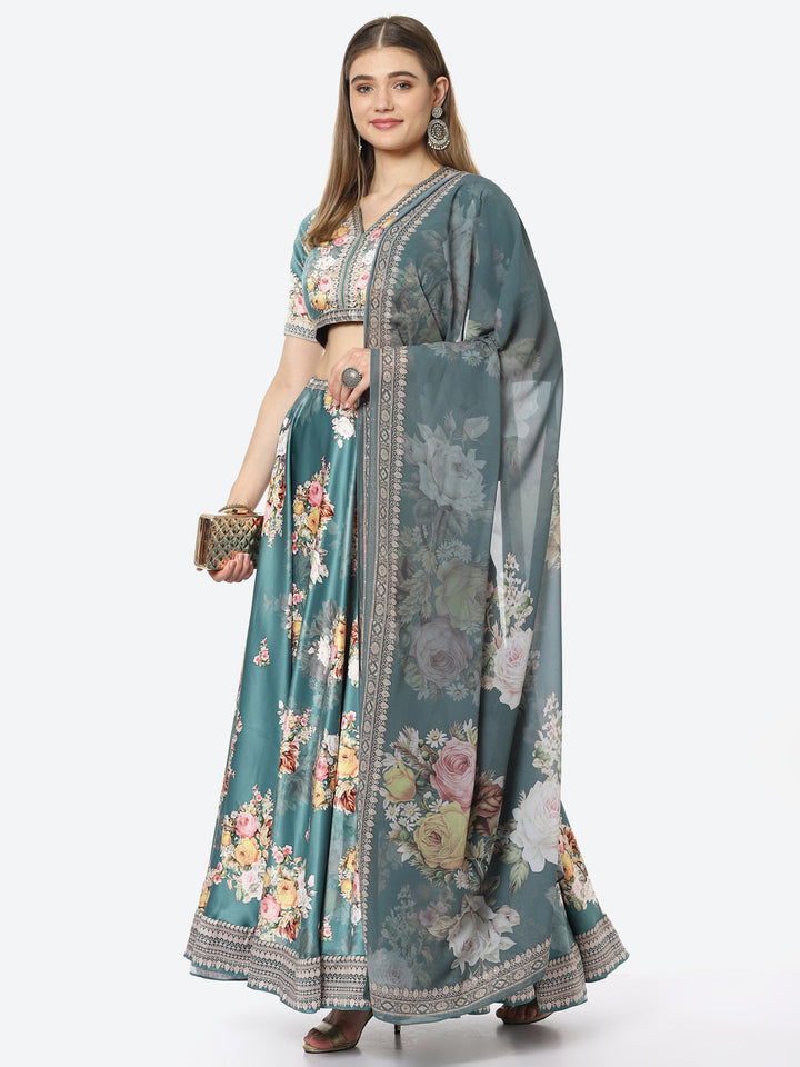 Floral Digital Printed Satin Choli With Lehenga &amp; Crepe Dupatta
