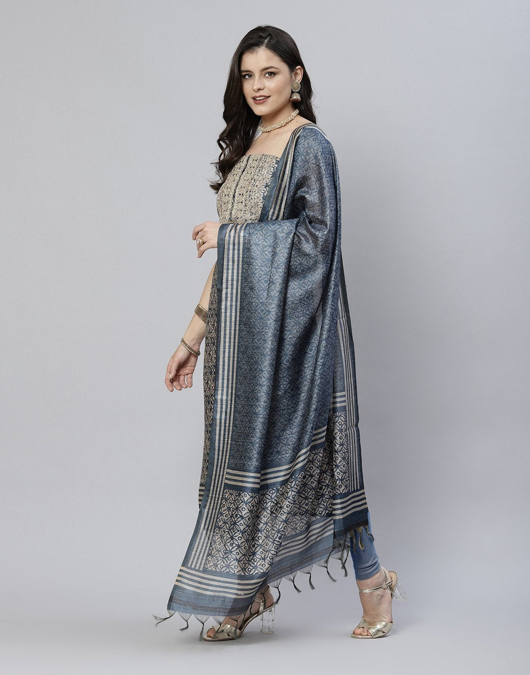 Printed Chanderi Suit Piece With Embroidered Yoke