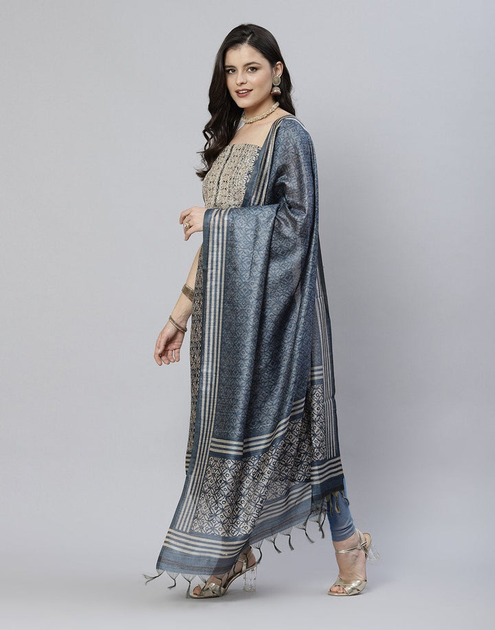 Printed Chanderi Suit Piece With Embroidered Yoke
