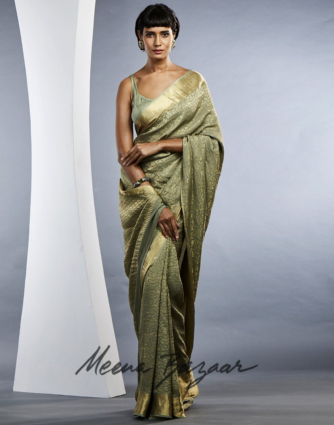 MBZ Meena Bazaar-Aqua Green Plain Woven Saree