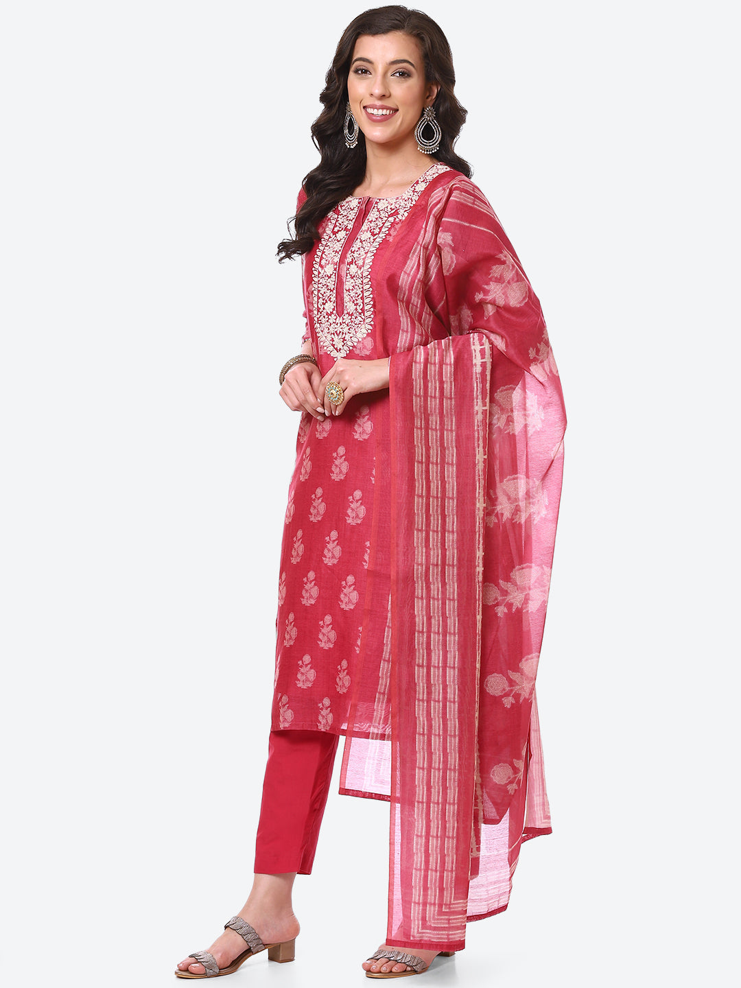 Floral Printed Embroidered Kurta With Pant &amp; Dupatta