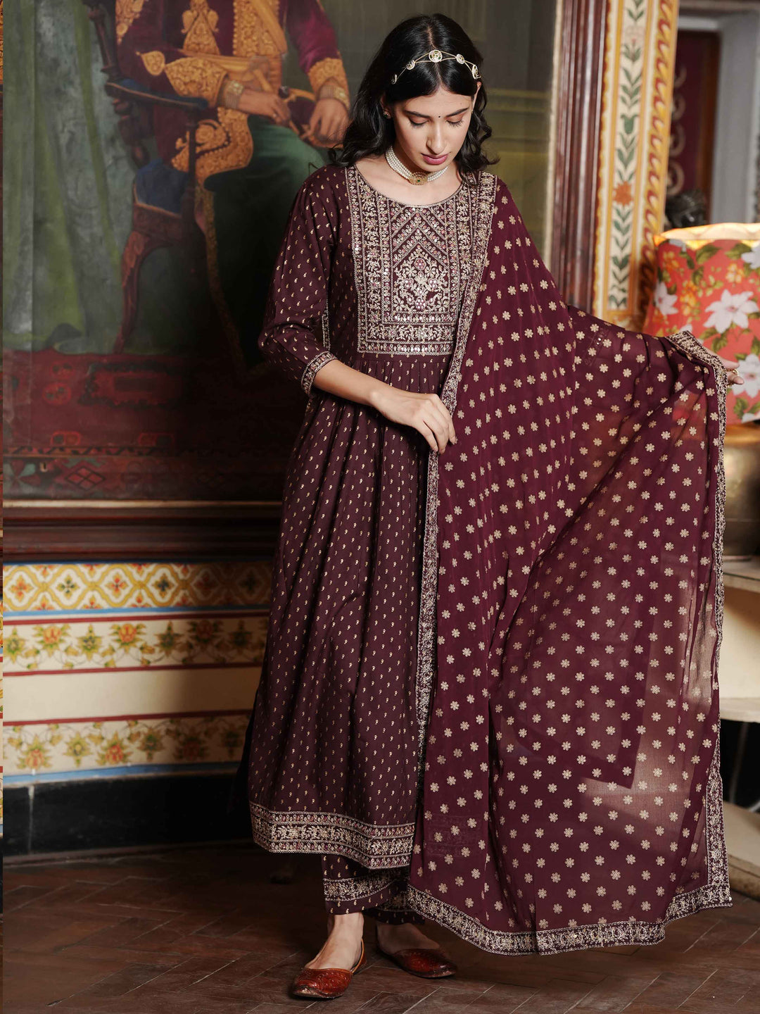 Neck Embroidered Cotton Kurta With Palazzo &amp; Dupatta