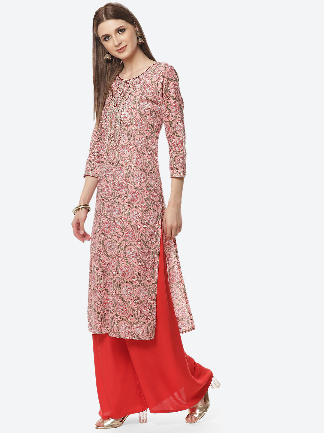 Printed Neck Embroidered Cotton Kurti