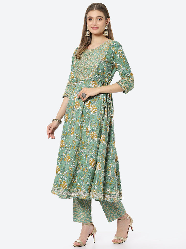 Zari Neck Embroidered Booti Printed Cotton Anarkali Kurta With Pant
