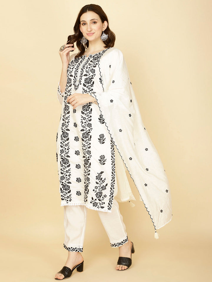Resham Embroidery Cotton Kurta With Pants &amp; Dupatta
