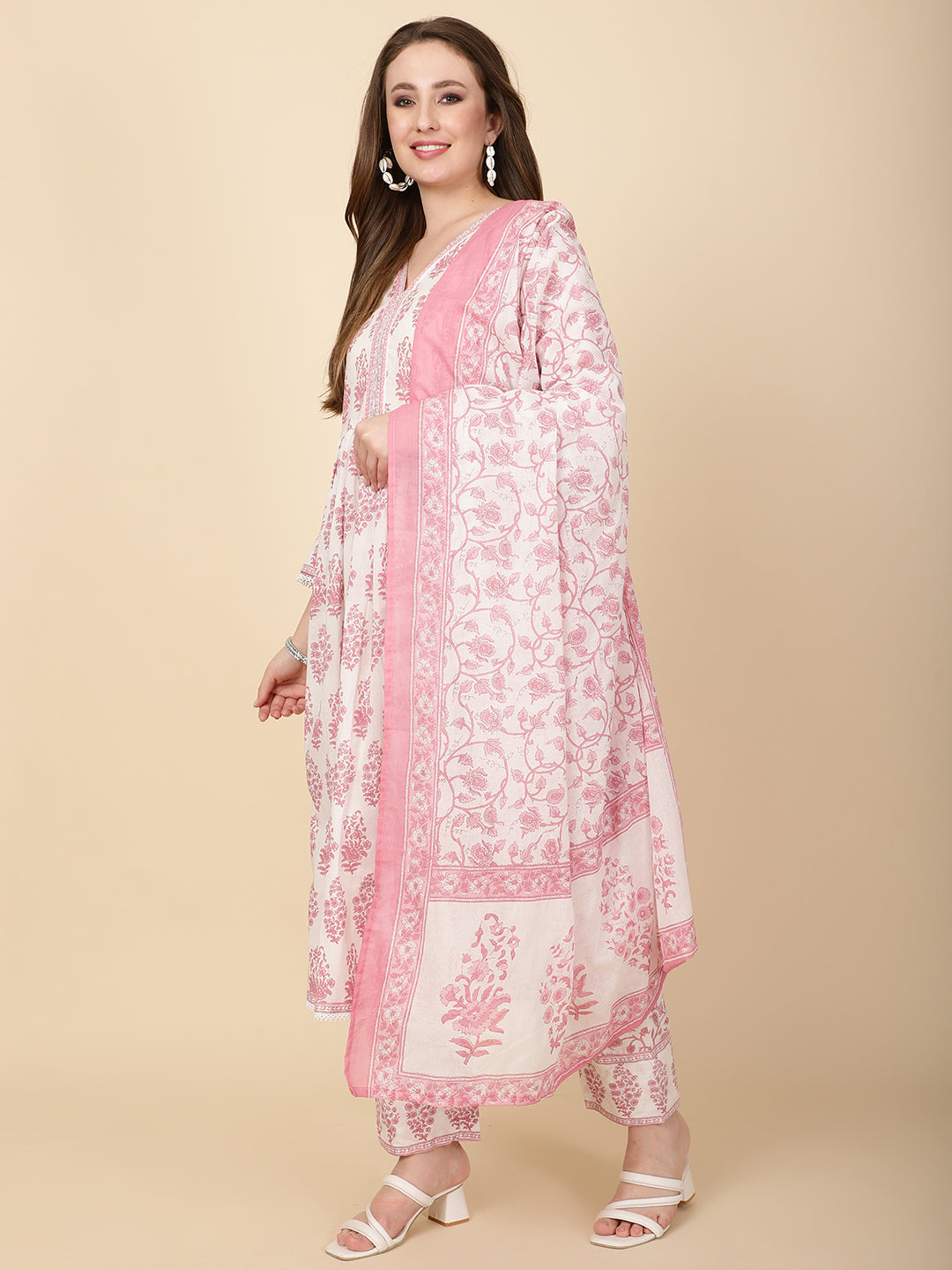 Floral Block Printed Cotton Kurta With Pants &amp; Dupatta