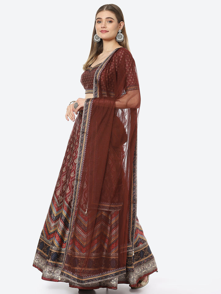 Floral Digital Printed Tussar Silk Choli With Lehenga &amp; Net Dupatta
