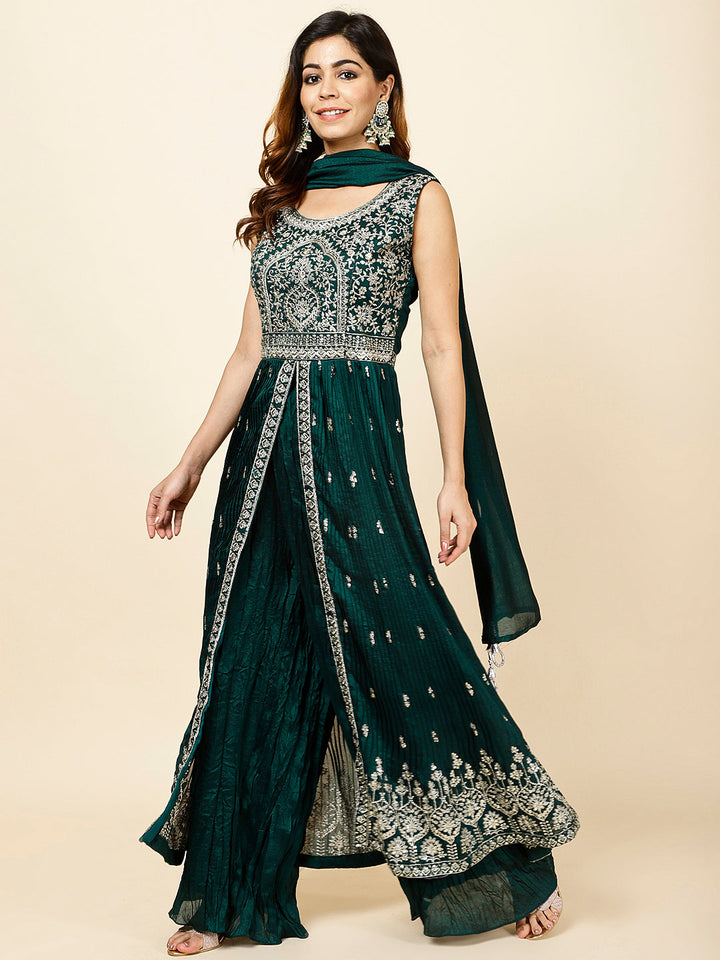 Zari Embroidered Handloom Kurta With Palazzo &amp; Dupatta