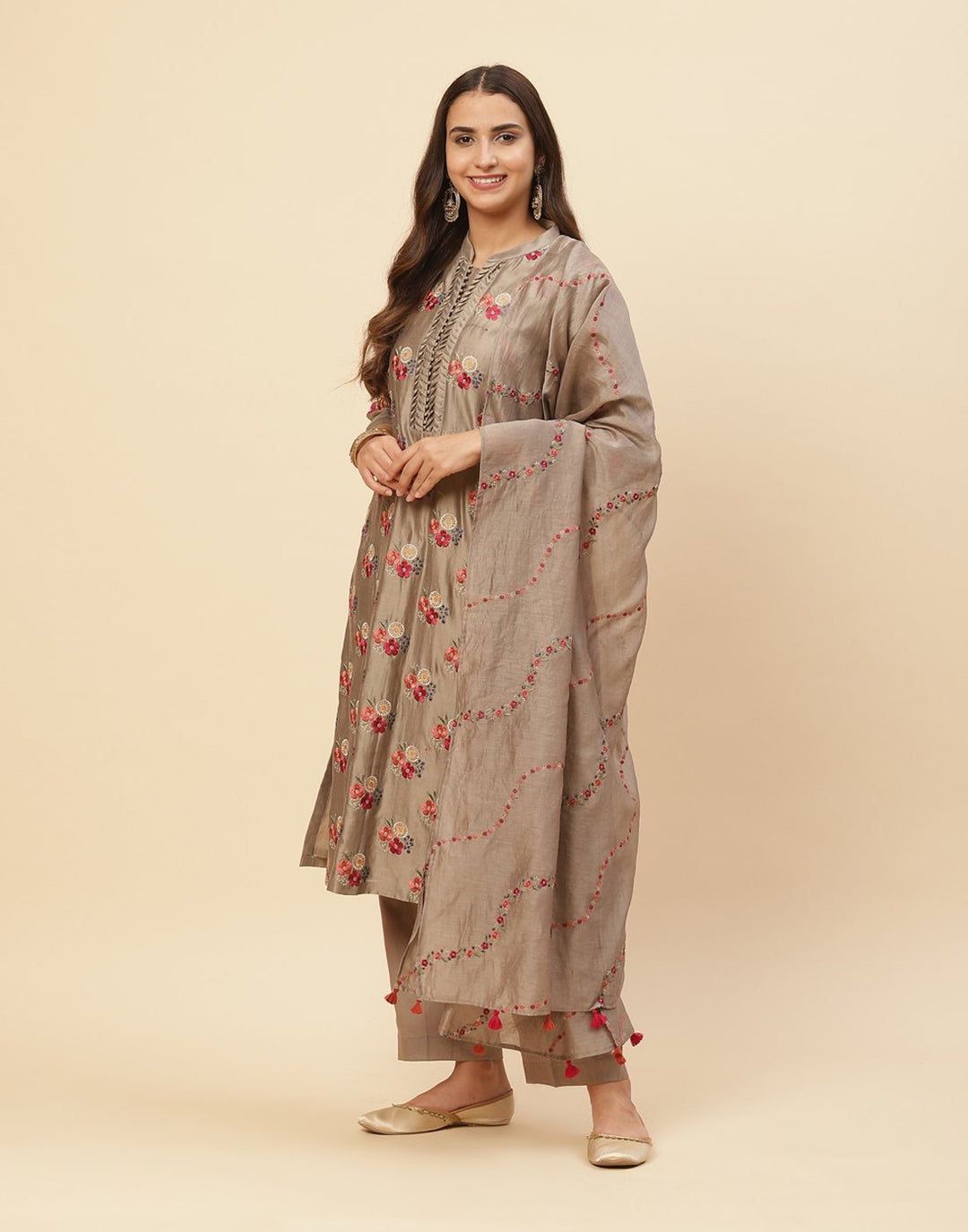 Resham Booti Embroidered Cotton Chanderi Stitched Salwar Kameez With Chanderi Dupatta