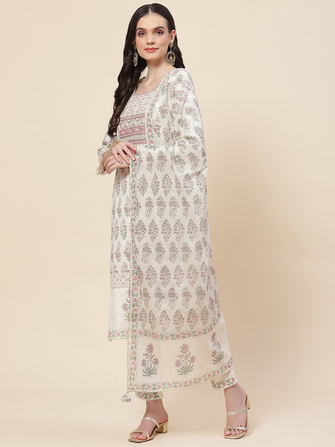 Floral Printed Cotton Kurta With Pants &amp; Dupatta