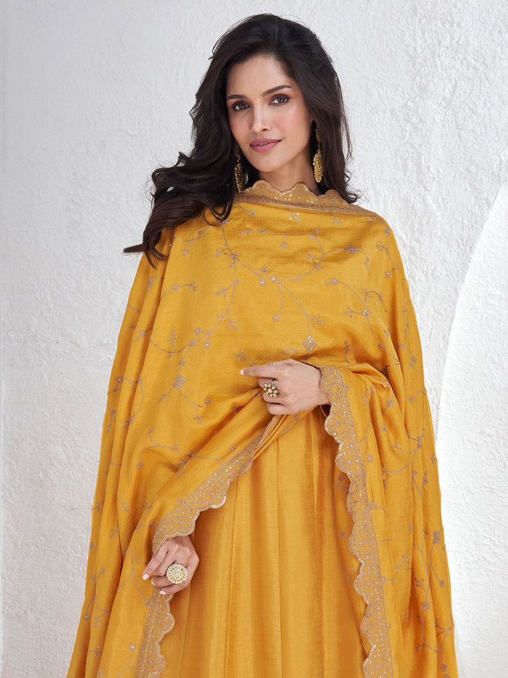 Embroidered Silk A Line Gown With Dupatta