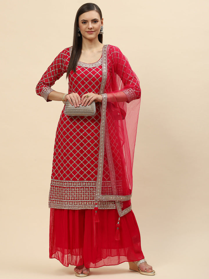 Zari Jaal Georgette Kurta With Palazzo &amp; Dupatta