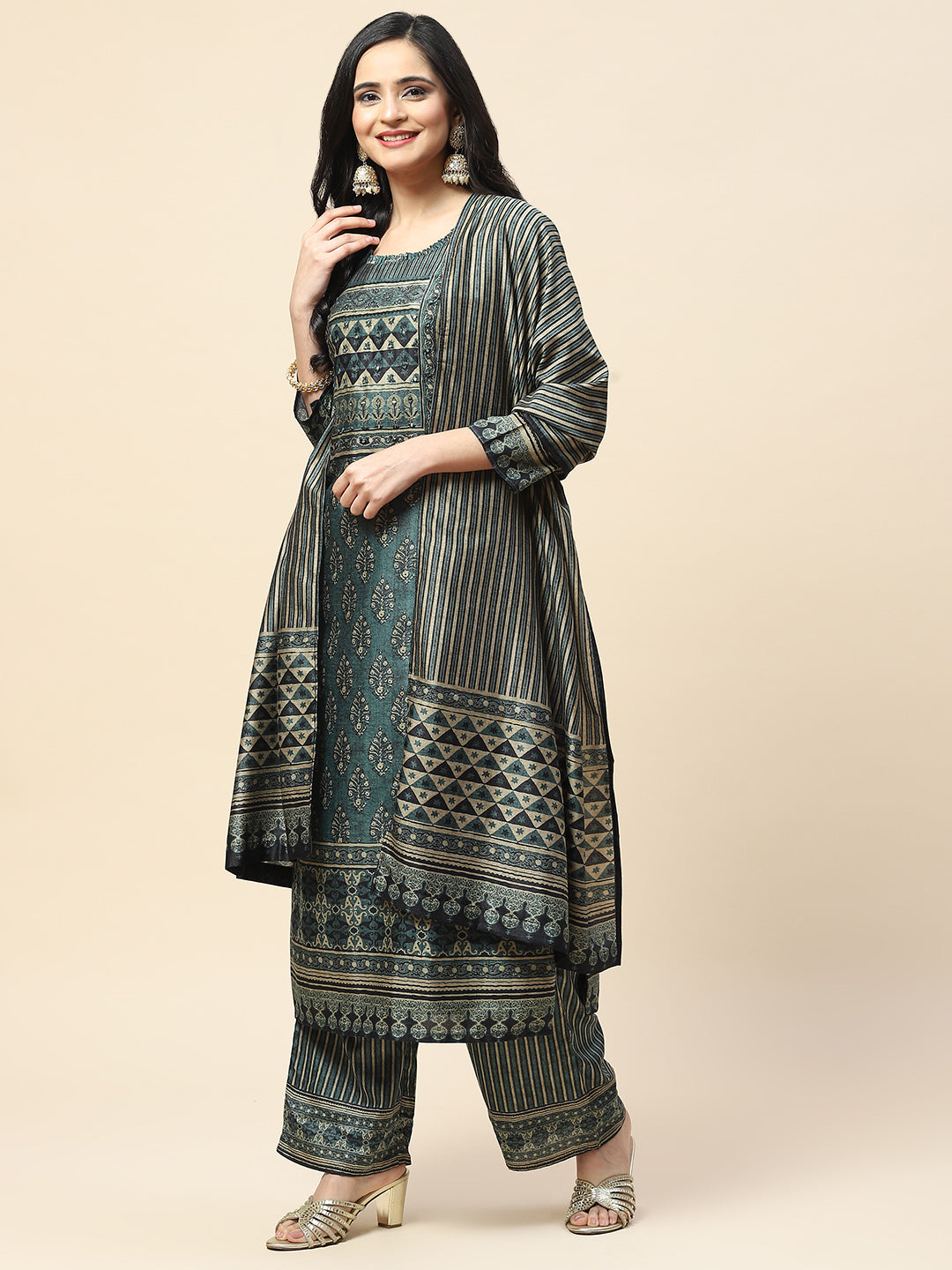Printed Tussar Kurta with Pants &amp; Dupatta