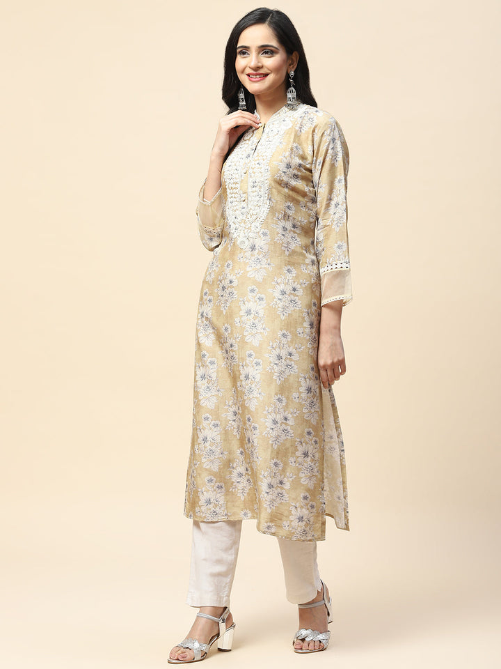 Printed With Resham Neck Embroidered Cotton Kurta