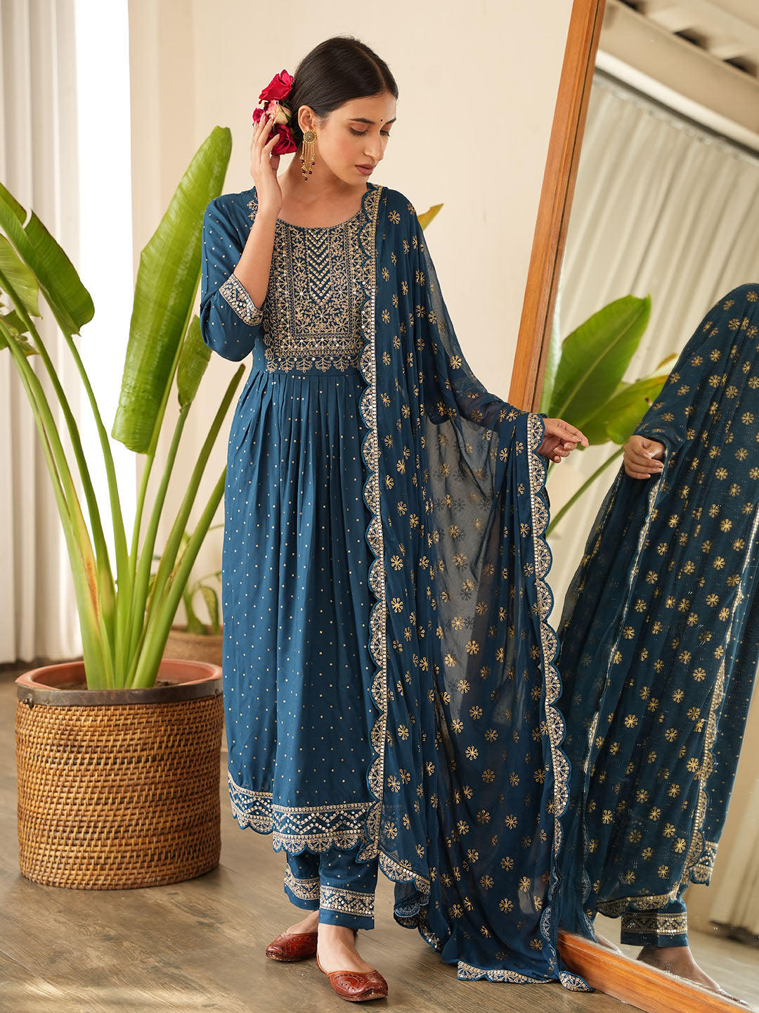 Sequin Embroidered Cotton Kurta With Pants &amp; Dupatta