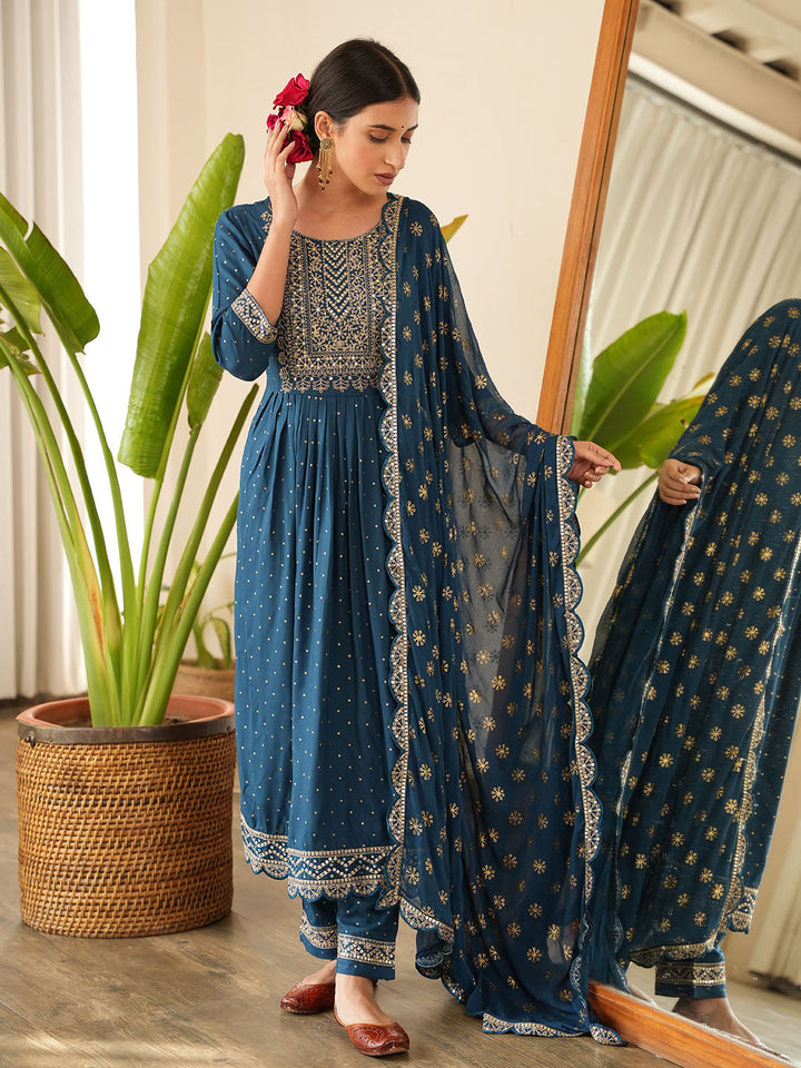 Sequin Embroidered Cotton Kurta With Pants &amp; Dupatta