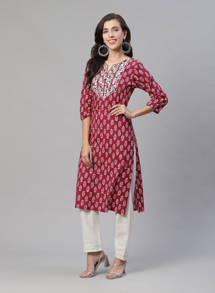 Yoke Embroidered Cotton Printed Kurti Pant Set