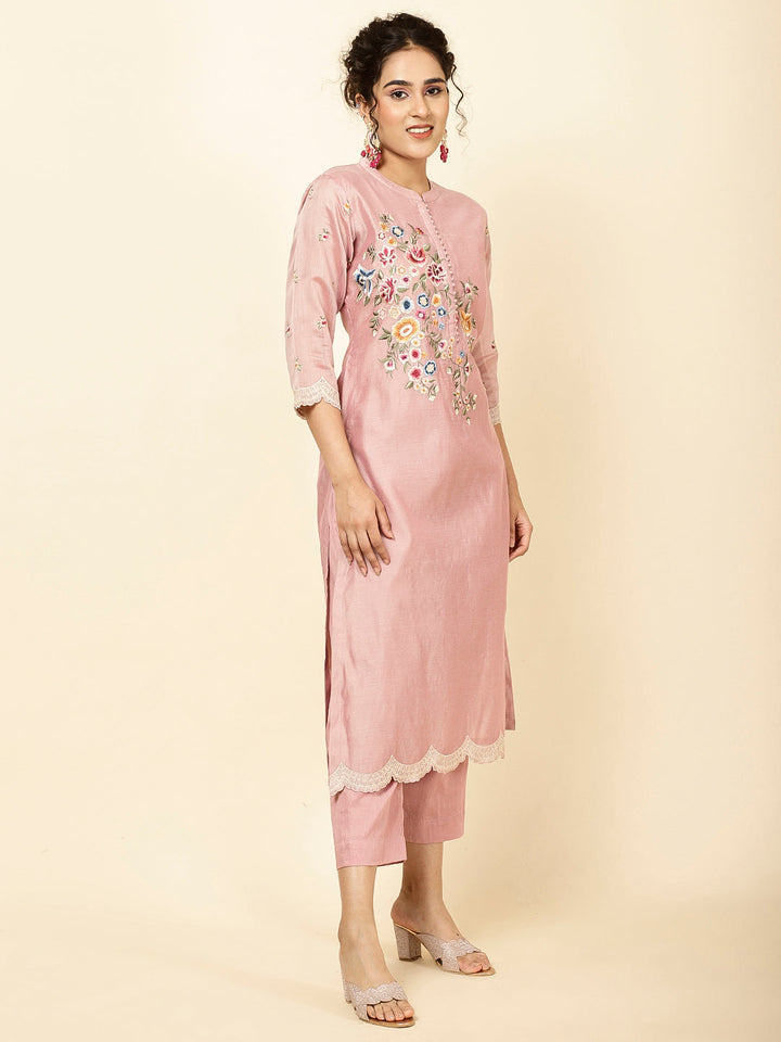 Floral Embroidered Chanderi Kurta With Pants &amp; Dupatta