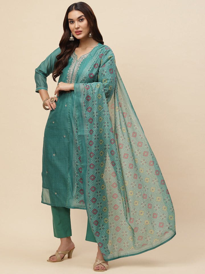 Neck Embroidered Chanderi Kurta With Pants &amp; Dupatta