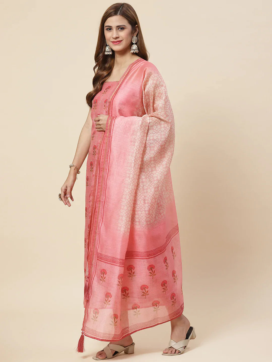Floral Printed Chanderi Unstitched Suit Piece With Dupatta