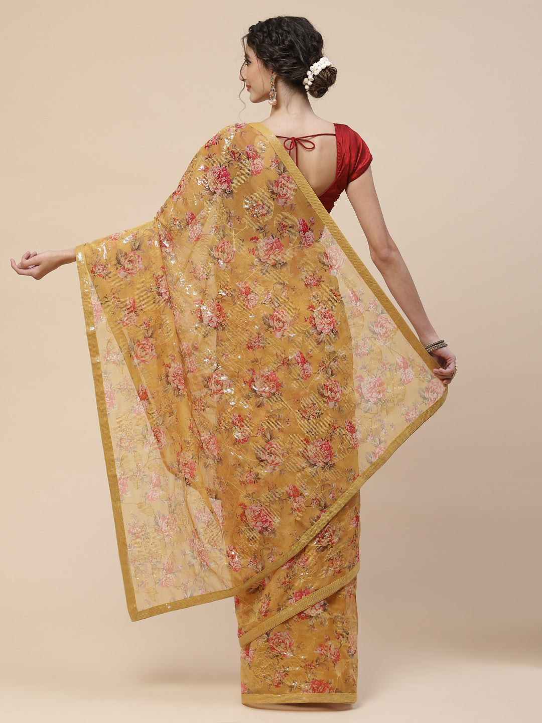 Floral Digital Printed Sequence Organza Saree