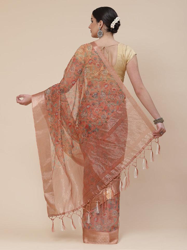 Floral Digital Printed Zari Border Organza Saree
