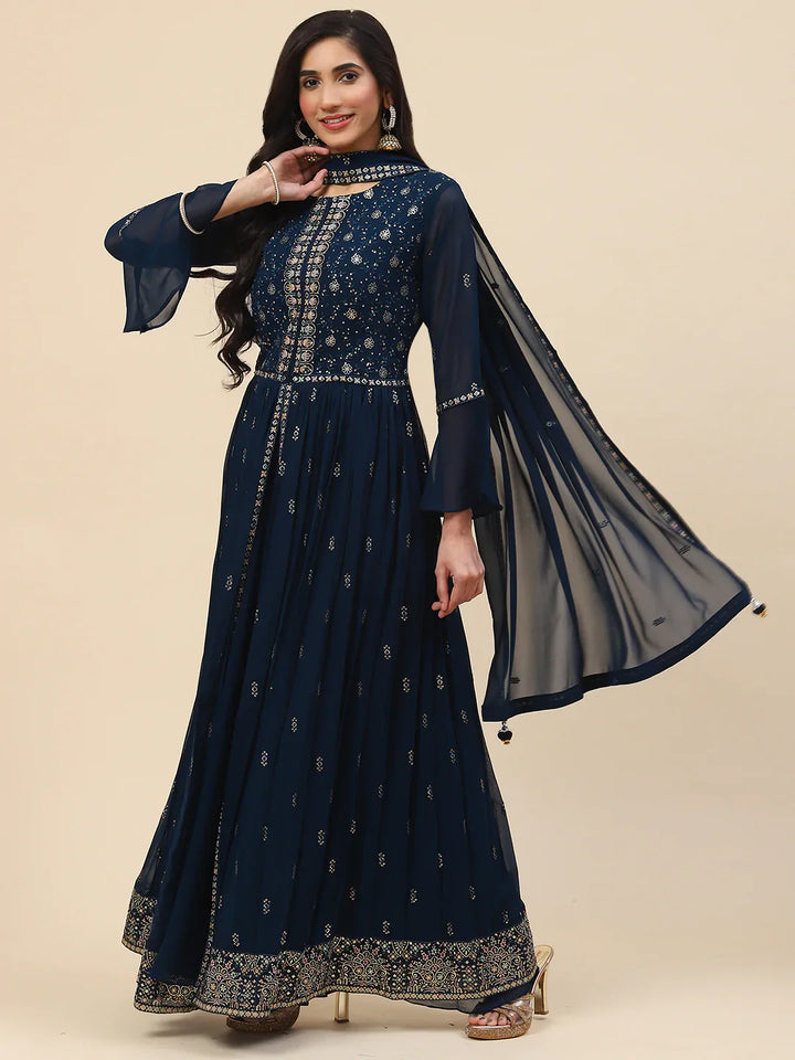 Sequin Embroidered Georgette Kurta With Palazzo &amp; Dupatta