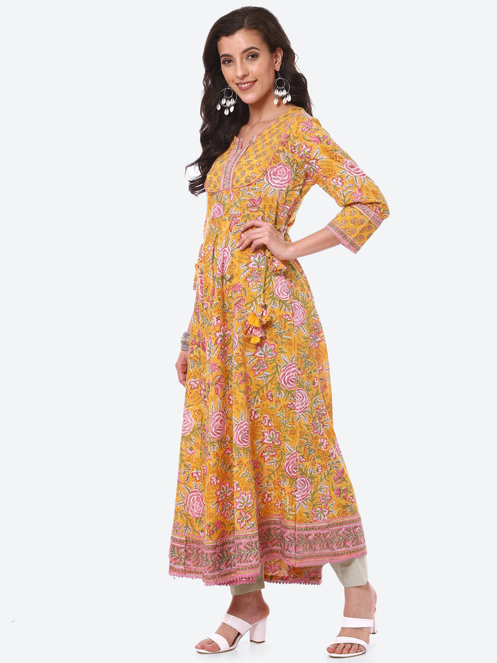 Sequin Work Yoke Floral Printed Cotton Anarkali Kurta