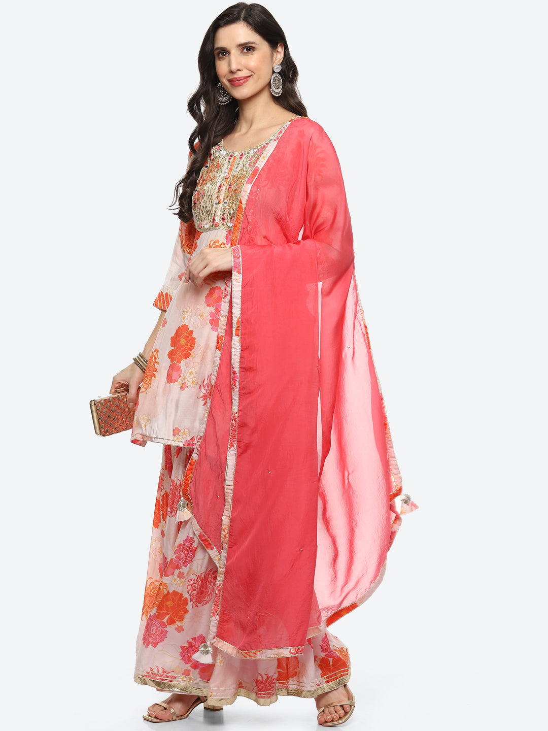 Floral Printed Cotton Kurta With Garara &amp; Dupatta