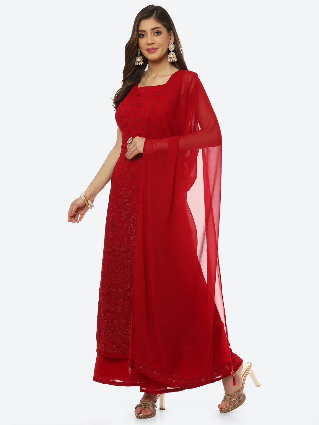 Resham Booti Georgette Kurta With Palazzo &amp; Dupatta