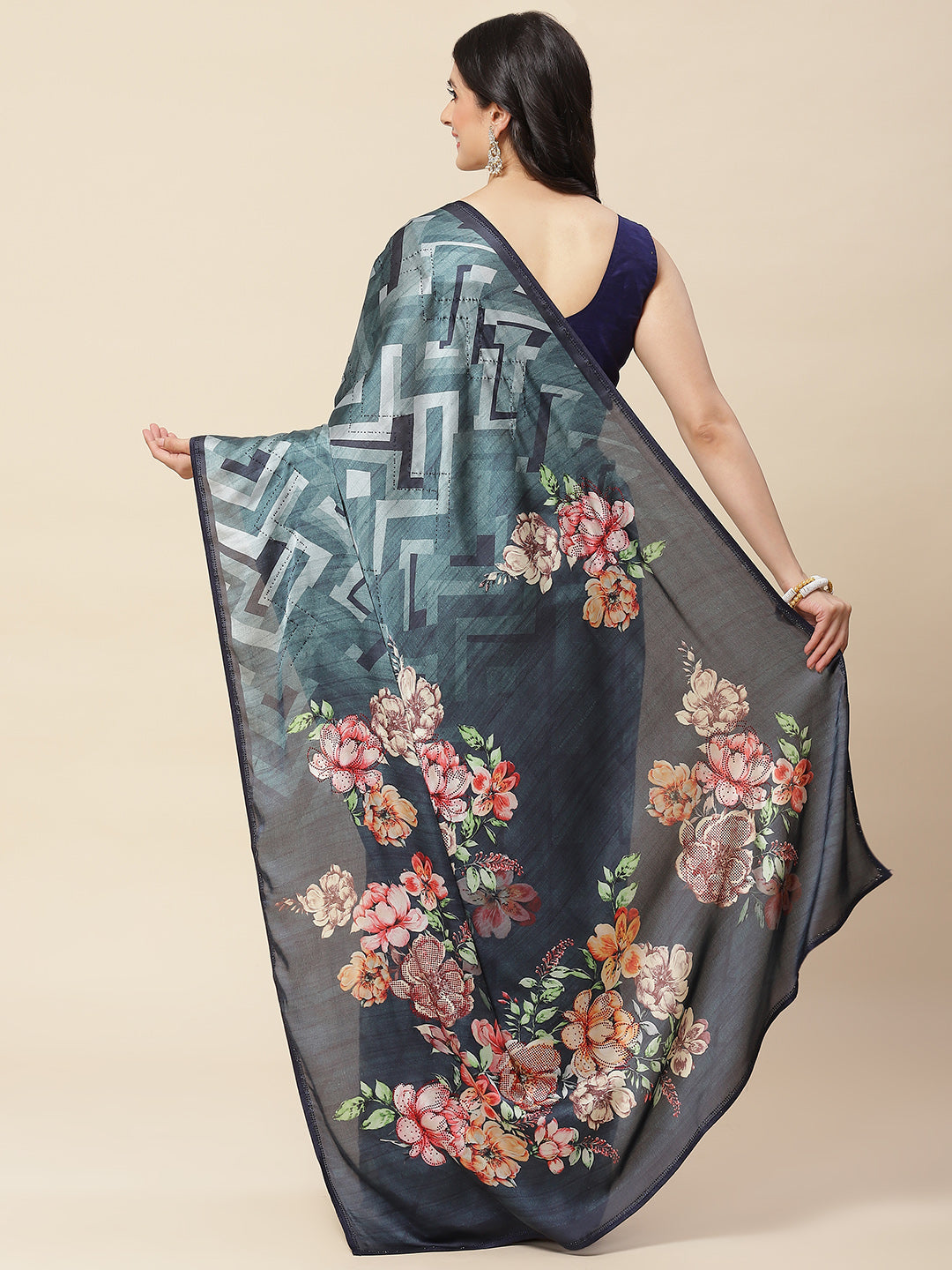 Abstract Digital Printed Satin Saree