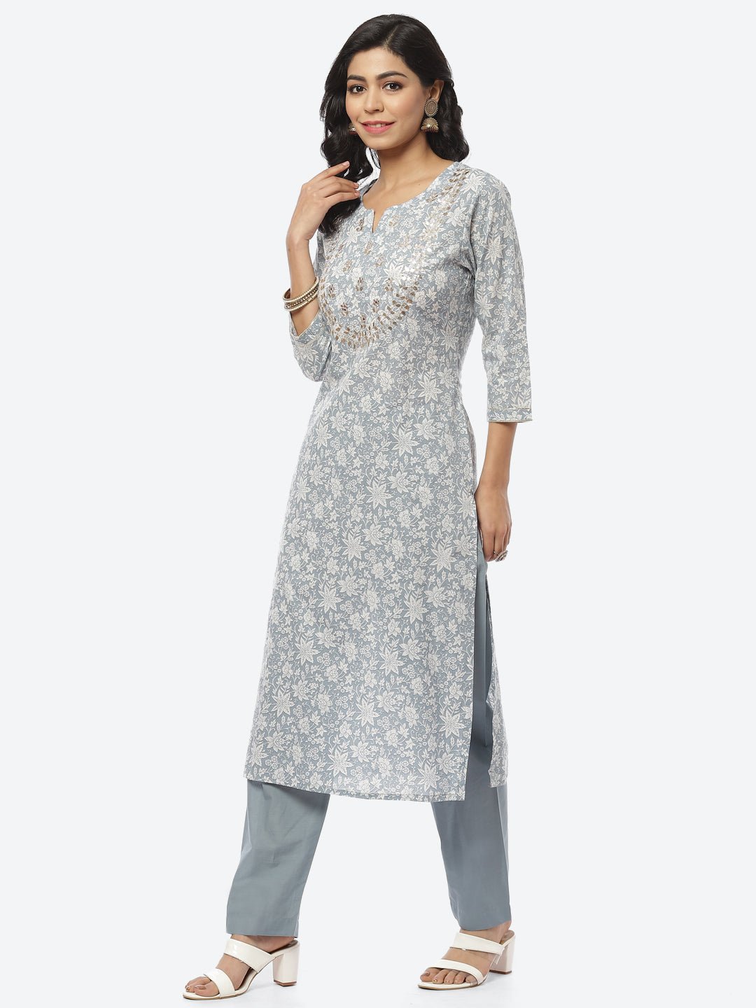 Printed Gota Neck Cotton With Pant