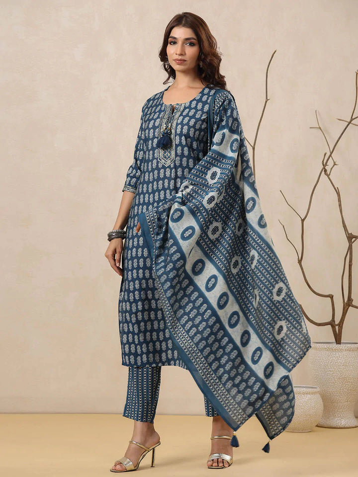 Block Printed Muslin Kurta With Pants &amp; Dupatta