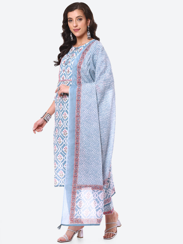 Floral Booti Printed Cotton Kurta With Pant &amp; Dupatta