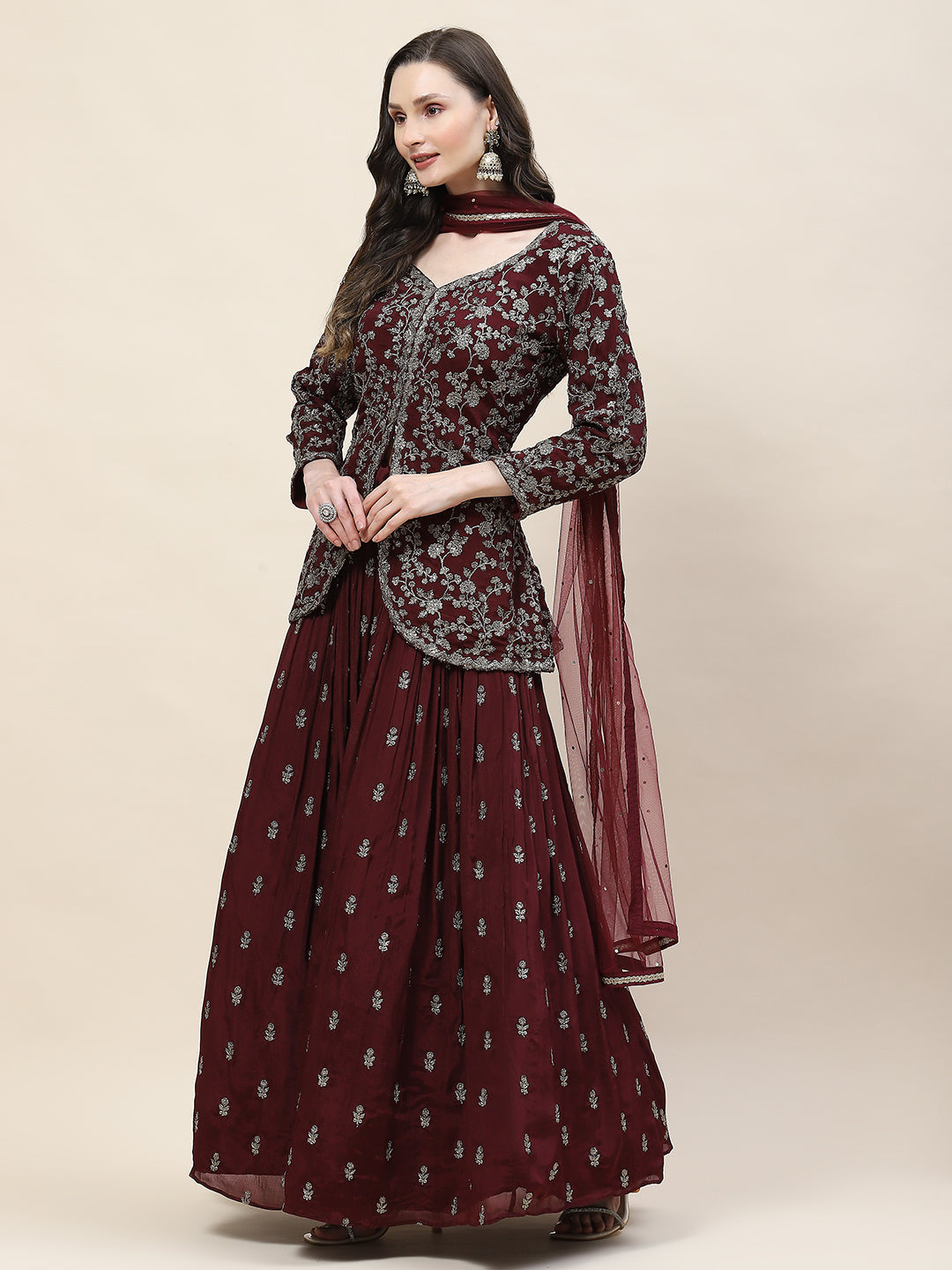 Sequin Zari Embroidered Georgette Choli With Lehenga &amp; Dupatta