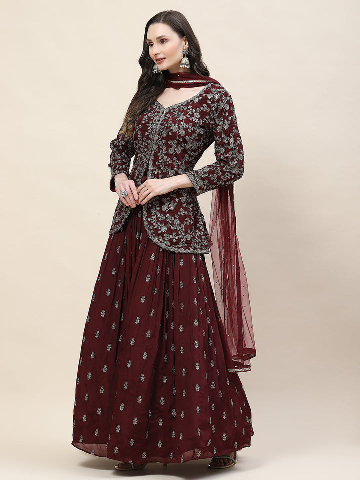 Sequin Zari Embroidered Georgette Choli With Lehenga &amp; Dupatta