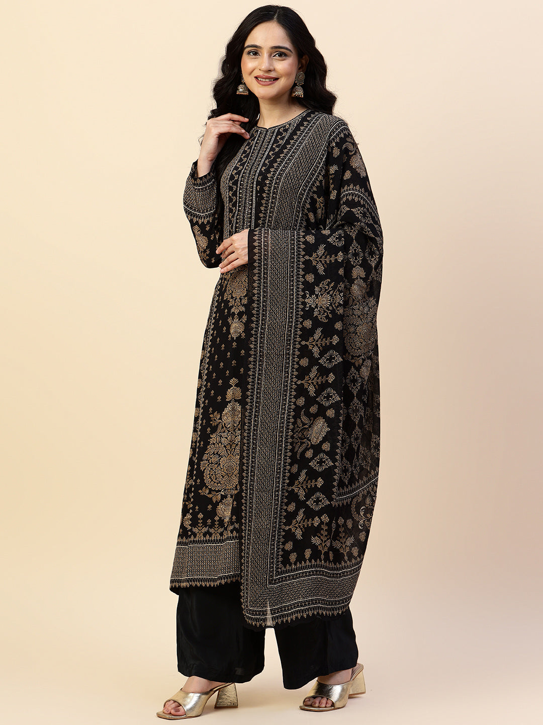 Digital Printed Crepe Kurta With Palazzo &amp; Dupatta
